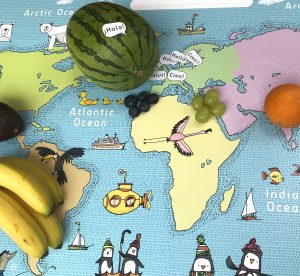 A map of the world with fruit showing where it comes from