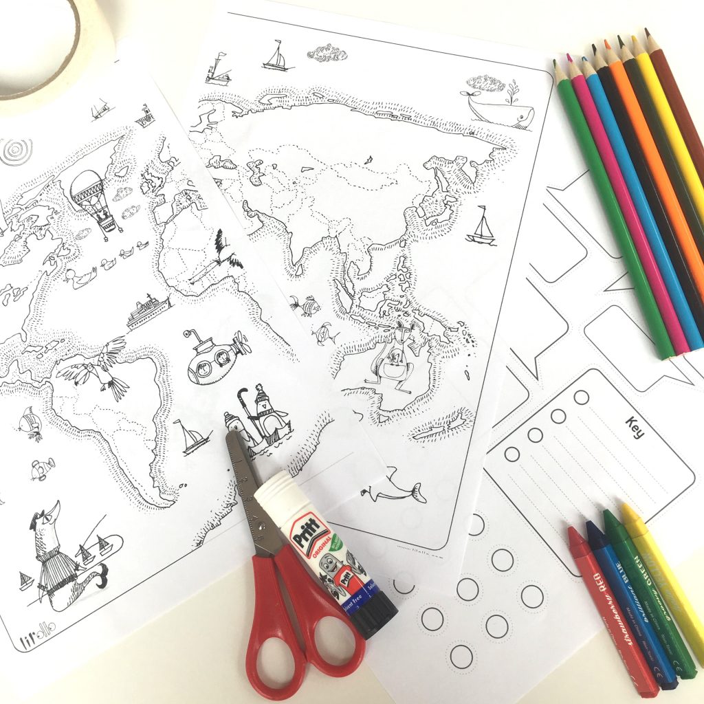 An image of the Lil'ollo world map colouring kit