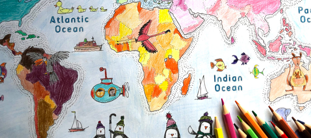 a colouring-in map of the world