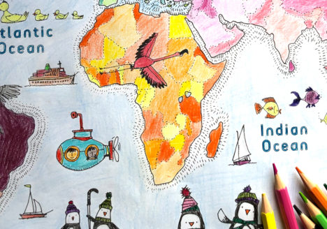 a colouring-in map of the world